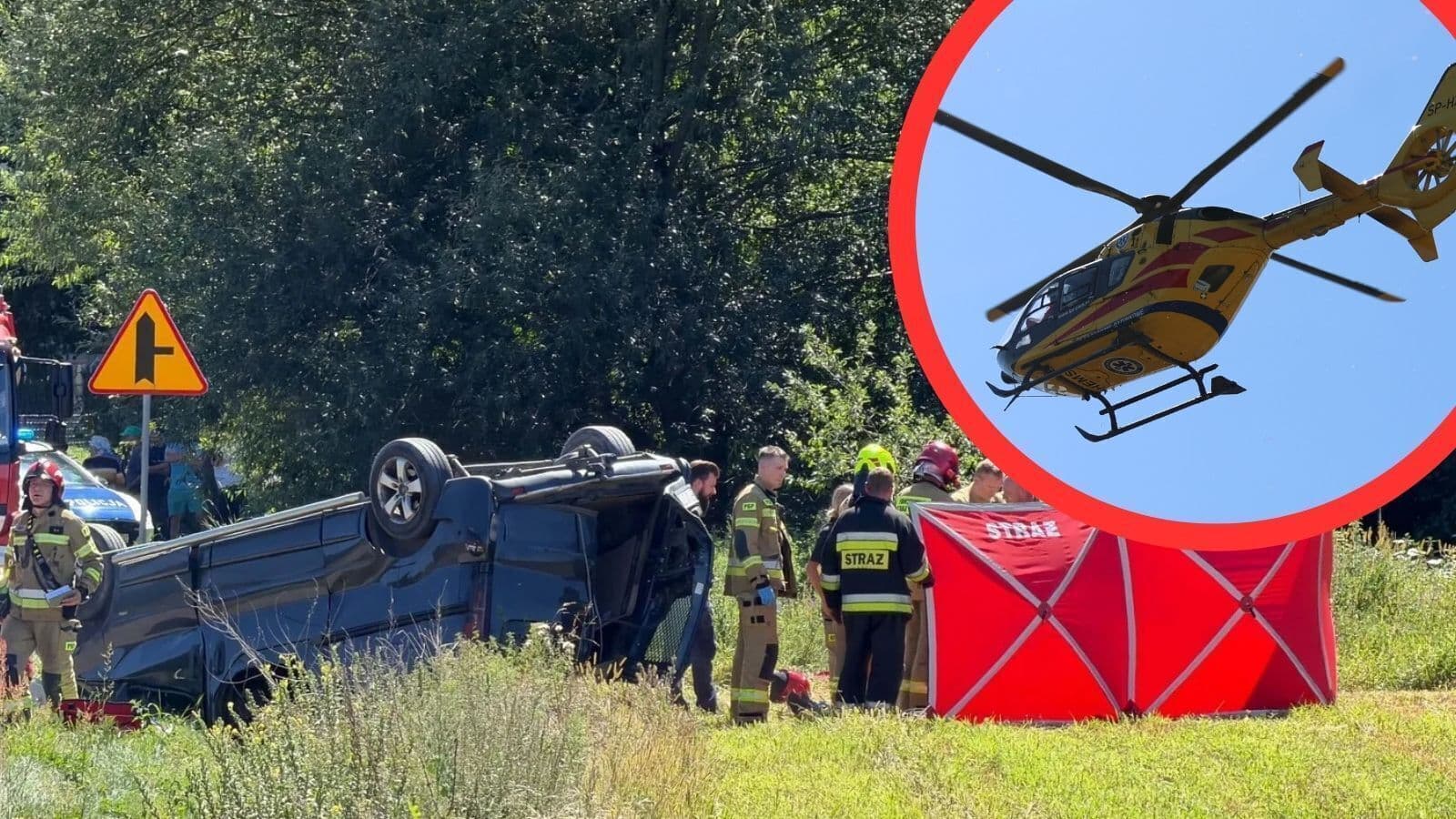 Bus wypadł z drogi i dachował. Ciężko ranny mężczyzna przetransportowany LPR-em. Kierowca z ponad 3,5 promila?